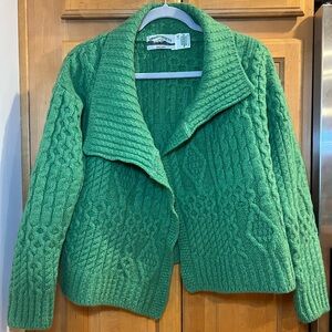 ARAN CRAFT 100% Merino Wool Open Front Short Sweater Cardigan Green XL